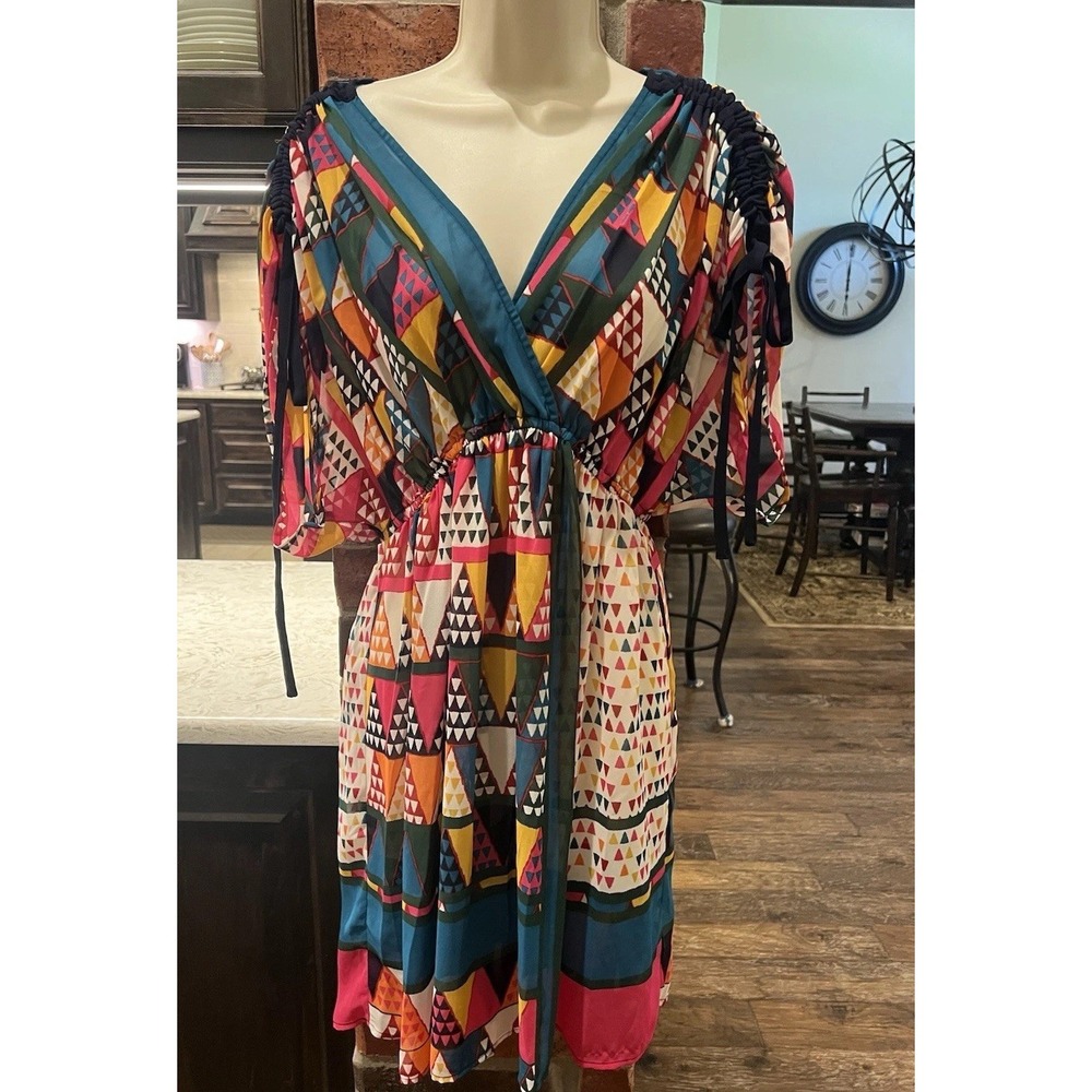 Maeve Anthropologie Semi Sheer Geometric Dress 4 V-Neck Cinch Shoulders Blue